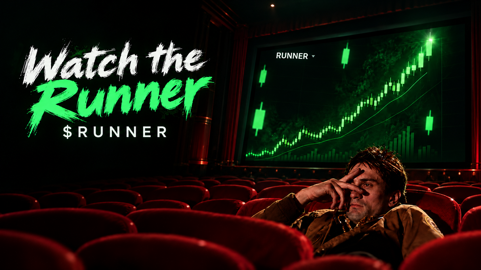 Watch the Runner: a man watching a green chart in a cinema